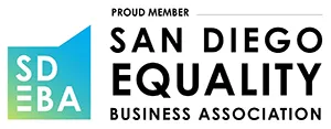 A black and white logo for san diego equal employment opportunity business association.